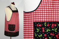 XS to 5X Red Gingham and Cherries Pinafore Apron with no ties, relaxed fit smock with pockets, retro kitchen apron