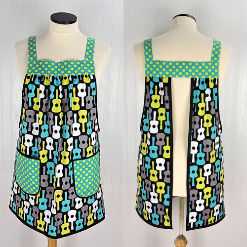 Groovy Guitars Pinafore Apron with no ties, relaxed fit smock with pockets, Lagoon colorway, ready to ship, fits L/XL/2X