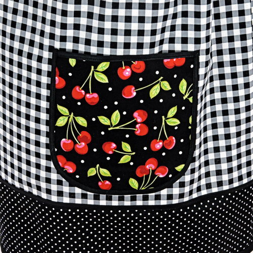Cherries and Black Gingham Pinafore with no ties (XS to 5X) relaxed fit smock with pockets, retro farmhouse apron