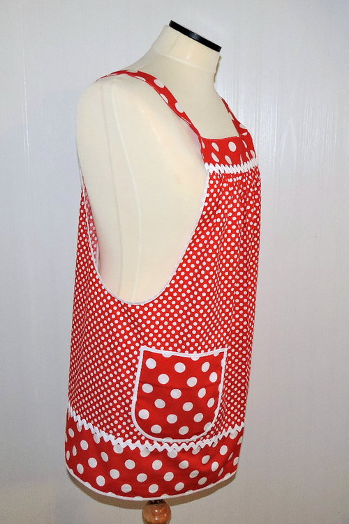 Red Polka Dot Pinafore with no ties (straps go straight over the shoulders) relaxed fit smock apron with pockets, made to order XS to 5X