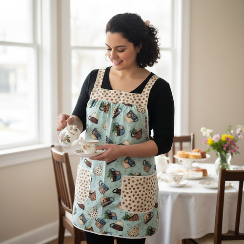Tea for Two Pinafore with no ties (straps go straight over shoulders) relaxed fit smock with pockets, fits L/XL/2X, ready to ship now