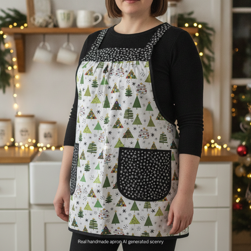 Christmas Trees on White Pinafore with no ties, relaxed fit smock with pockets fits L/XL/2X, one of a kind holiday apron ships fast