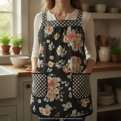 Charcoal Gingham Gardens Pinafore with no ties (straps go straight over the shoulders) relaxed fit smock with pockets, ready to ship L/XL/2X