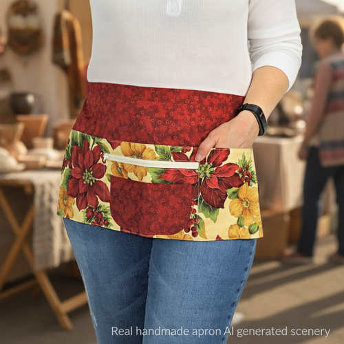 Christmas Floral Multi-Pocket Teacher Apron, Xmas Vendor Apron with money pocket, MADE to ORDER fits waists up to 40"
