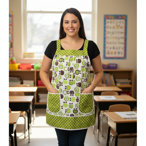 Green Apples Pinafore Apron with no ties, relaxed fit smock with pockets, standard size fits L-XL-2X, SHIPS FAST