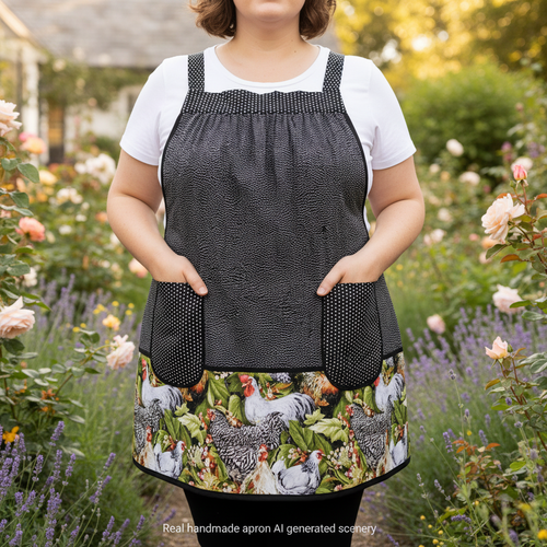 Larger Rooster SCRAPBUSTER Pinafore Apron with no ties, relaxed fit smock with pockets, farmhouse kitchen apron, ready to ship fits 3X/4X/5X