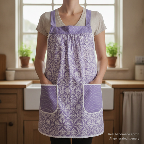 Lavender Petite Damask Pinafore with no ties (straps go straight over the shoulders) relaxed fit smock with pockets, fits L/XL/2X SHIPS FAST