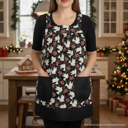 Peace Doves Pinafore with no ties, relaxed fit smock with pockets fits L/XL/2X, Christmas baking apron ready to ship now