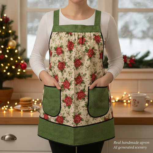 Poinsettias on Cream Pinafore with no ties, XS - 5X relaxed fit smock with pockets, Christmas Floral Apron made to order