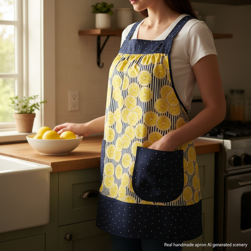 Sunny Lemons on Navy Pinafore Apron with no ties, relaxed fit smock apron with pockets, made to order XS - 5X
