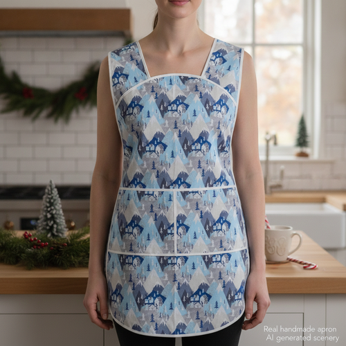 Winter Towne 50s Smock Apron with kangaroo pocket, relaxed fit with no neck ties (H-back apron) fits sizes large or X-large, ready to ship