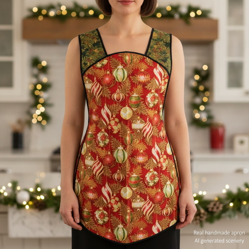 XS-4X Retro 50s Christmas Smock, Holiday Flourish Ornaments in Red, relaxed fit H-back apron, made to order with pocket options