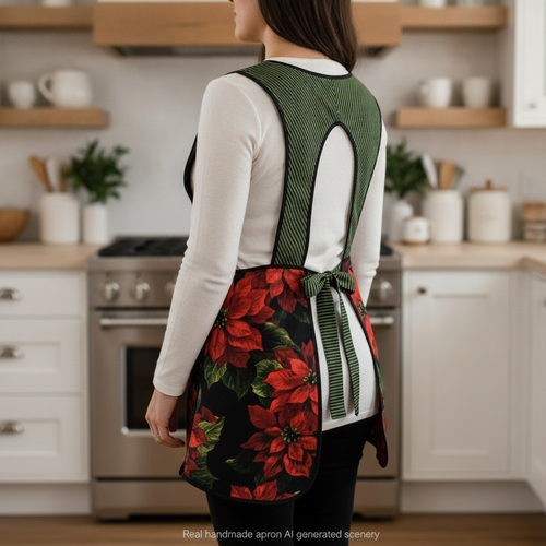 XS-4X Retro 50s Christmas Smock, Large Poinsettias on Black relaxed fit H-back apron with (optional) pockets