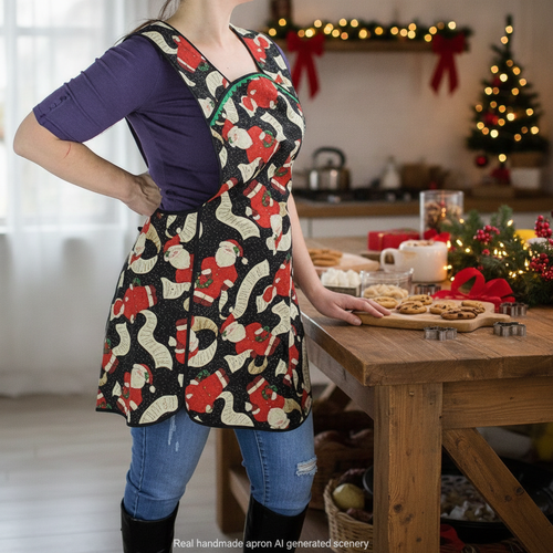 Santa's Christmas List Retro 50s Smock with no neck ties, H-back apron sits on shoulders, hostess apron fits L/XL ready to ship