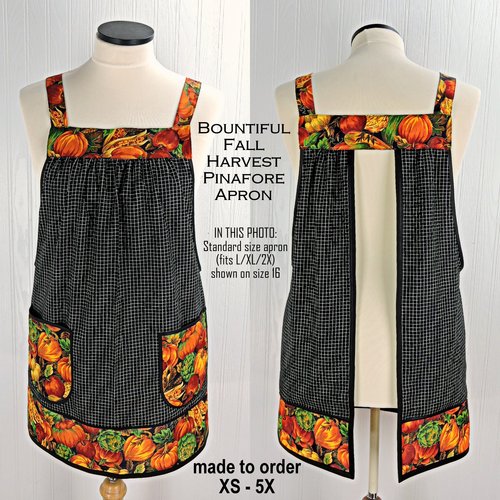 Bountiful Fall Harvest Pinafore with no ties, relaxed fit smock with pockets, fall pumpkins apron fits XS to 5X, made to order 