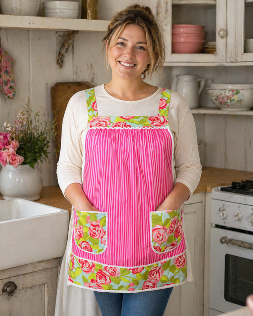 Pink Tumble Roses (with pink stripe) Pinafore with no ties, relaxed fit smock apron with pockets, OOP fabric, made-to-order XS - 5X
