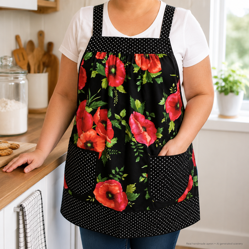Black Poppy Panache Polka Dot Pinafore, relaxed fit smock with pockets, pretty floral kitchen apron, ready to ship fits L/XL/2X
