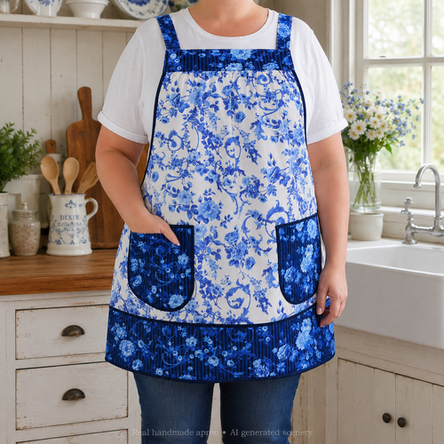 Blue & White Porcelain Rose Pinafore with Pockets | Handmade Smock Apron | Cottagecore Apron | Women's Pullover Apron | Made to Order XS-5X