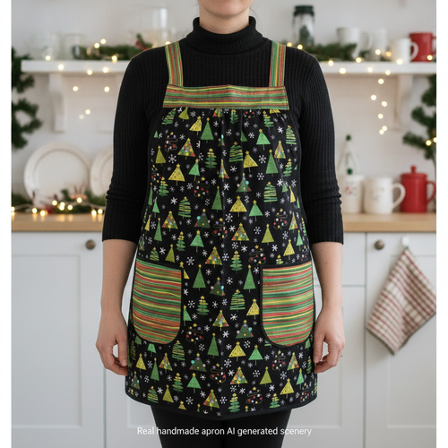 Christmas Trees on Black Pinafore with no ties, relaxed fit smock with pockets fits L/XL/2X, one of a kind holiday apron ships fast