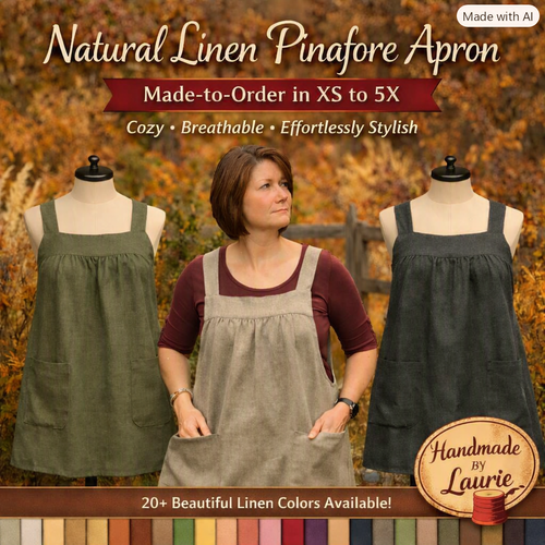 XS - 5X Natural LINEN Pinafore Apron with no ties (straps go straight over shoulders) Washed Linen Relaxed Fit Smock with pockets NEW colors
