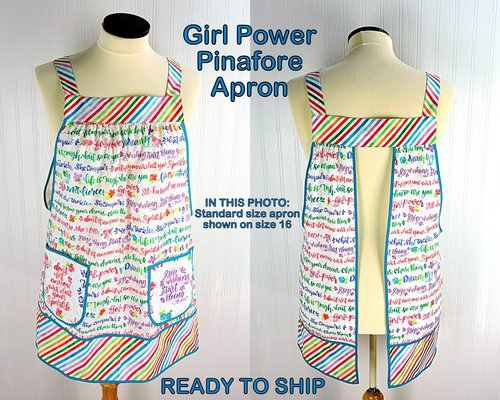 Girl Power Pinafore with no ties, relaxed fit smock with pockets, rainbow script words of empowerment, READY TO SHIP fits L/XL/2X