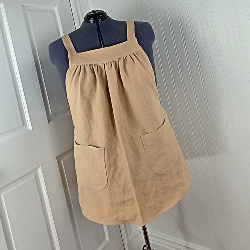 Natural (TAN) Washed Linen Pinafore Apron with no ties, 100% flax linen relaxed fit smock with pockets, handmade after order XS - 5X