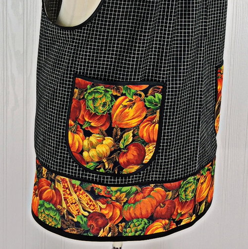 Bountiful Fall Harvest Pinafore with no ties, relaxed fit smock with pockets, fall pumpkins apron fits XS to 5X, made to order 