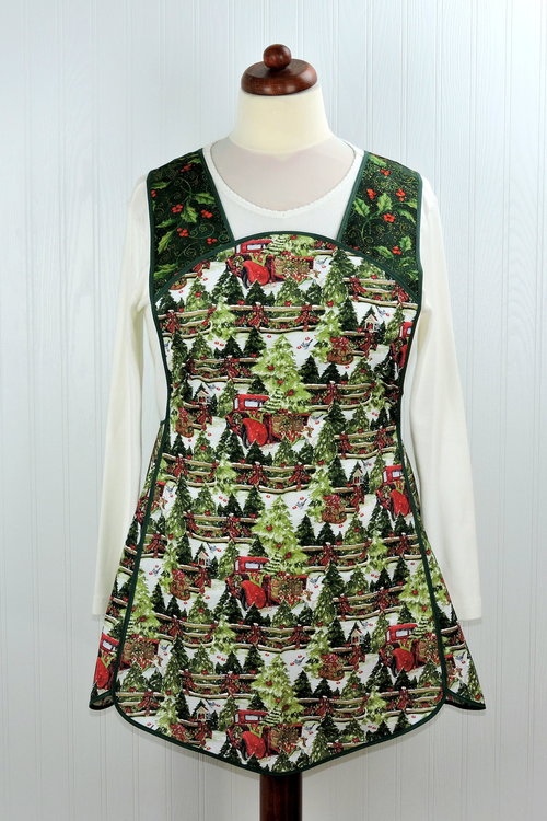 Retro 50s Christmas Smock, Pine Trees and Fences with old Red Trucks relaxed fit H-back apron, fits L/XL ready to ship