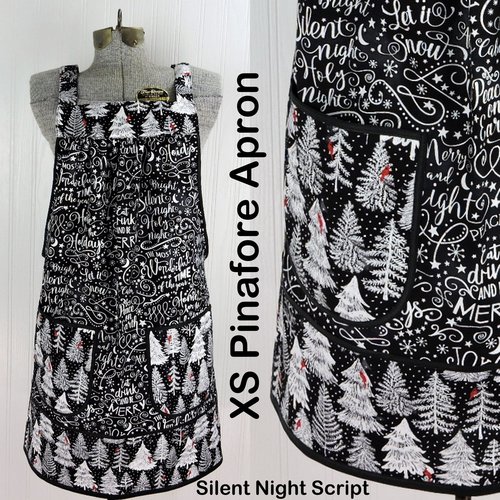 Silent Night Holiday Script Pinafore with no ties, Relaxed Fit Smock with pockets, smallest size fits XS/S/M, Christmas apron ready to ship now