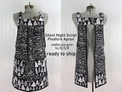 Silent Night Holiday Script Pinafore with no ties, Relaxed Fit Smock with pockets, smallest size fits XS/S/M, Christmas apron ready to ship now