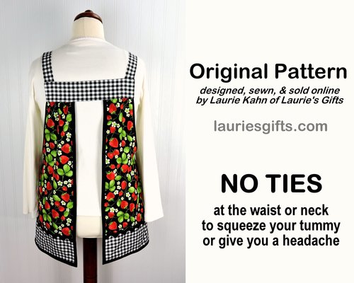 XS to 5X Strawberry Patch Pinafore (with Black Gingham accents) has no ties, relaxed fit smock apron with pockets