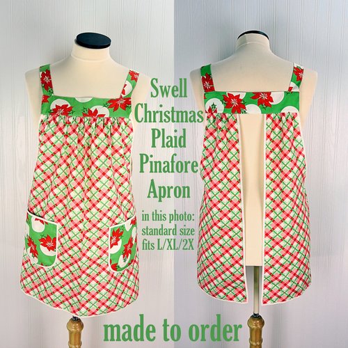 Swell Christmas Plaid Pinafore with no ties, relaxed fit smock with pockets fits L/XL/2X, Christmas baking apron, made to order