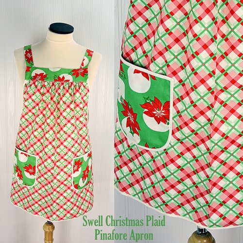 Swell Christmas Plaid Pinafore with no ties, relaxed fit smock with pockets fits L/XL/2X, Christmas baking apron, made to order