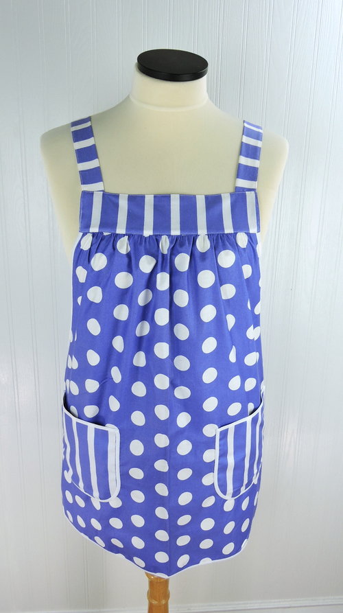 Violet Polka Dot Pinafore with no ties (straps go straight over shoulders) relaxed fit smock with pockets, fits L/XL/2X, ready to ship