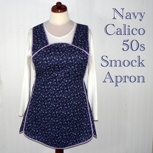 Navy Calico 50s Smock Apron, vintage-style all day work apron, "h-back" doesn't touch neck, made-to-order XS to 4X