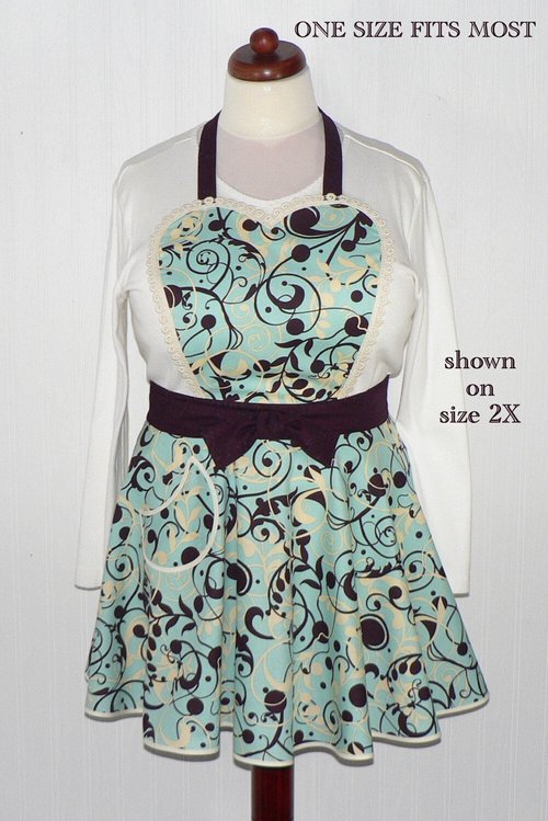 Aqua Swirl Twirly Skirt Apron with heart bib, vintage-style kitchen apron, diner style accessory, hostess apron, ready to ship