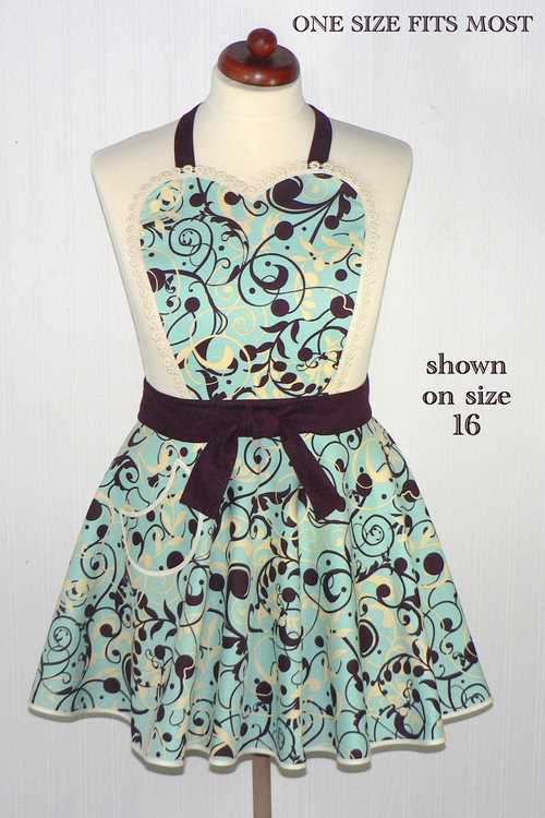 Aqua Swirl Twirly Skirt Apron with heart bib, vintage-style kitchen apron, diner style accessory, hostess apron, ready to ship