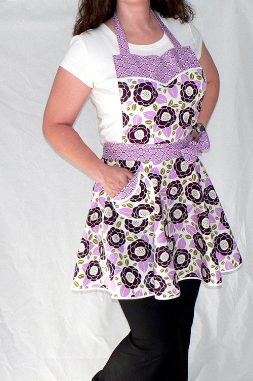 Lilac Bloom Twirly Skirt Apron, flirty kitchen apron; diner style; delightful party hostess accessory, Ready to Ship