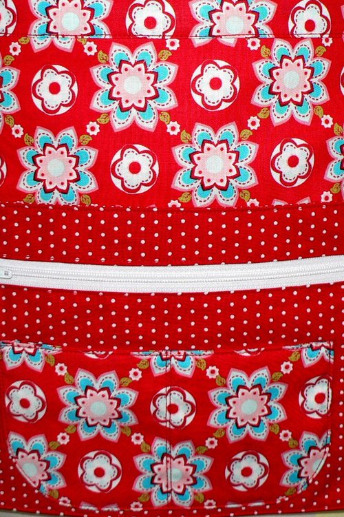 Red and Aqua Teacher Half Apron with money pocket, multi-pocket apron with zipper, Ready to Ship, fits waists up to 40 inches