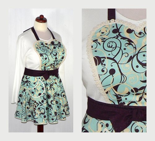Aqua Swirl Twirly Skirt Apron with heart bib, vintage-style kitchen apron, diner style accessory, hostess apron, ready to ship