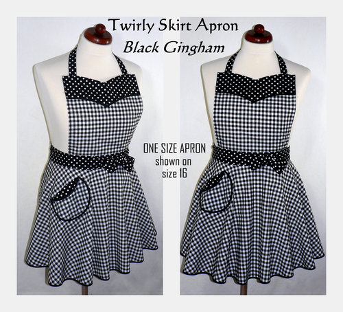Black Gingham Twirly Skirt Apron, retro 50s circle skirt apron + sweetheart neckline, flirty kitchen apron with pocket, made to order
