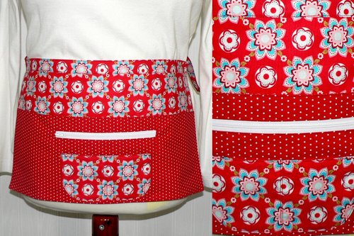 Red and Aqua Teacher Half Apron with money pocket, multi-pocket apron with zipper, Ready to Ship, fits waists up to 40 inches