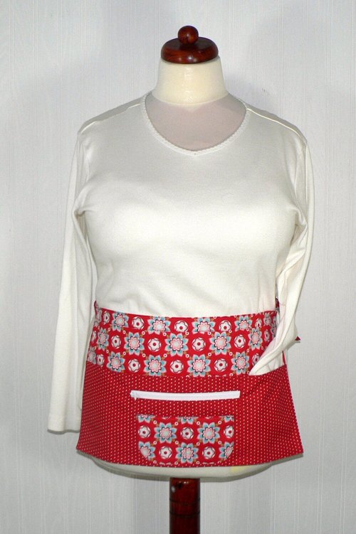Red and Aqua Teacher Half Apron with money pocket, multi-pocket apron with zipper, Ready to Ship, fits waists up to 40 inches