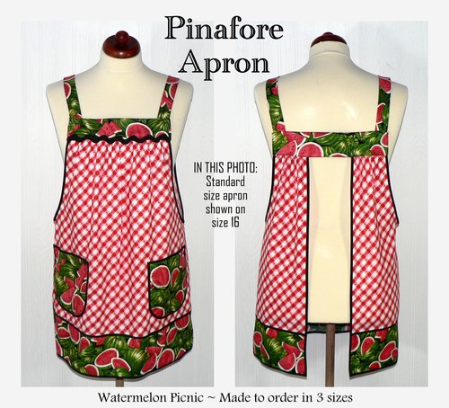 Watermelon Picnic Pinafore Apron with no ties, relaxed fit smock with pockets, retro farmhouse kitchen apron LAST ONE