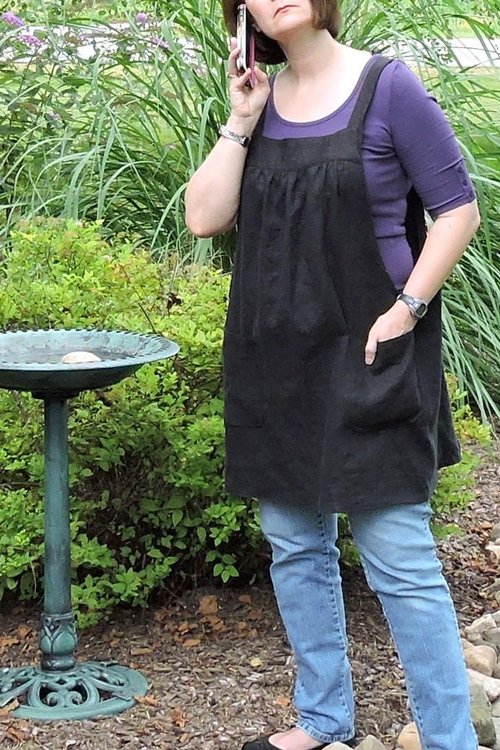 Black Linen Pinafore Apron with no ties, Washed Linen Relaxed Fit Smock with pockets, handmade after order XS to  5X Plus Size