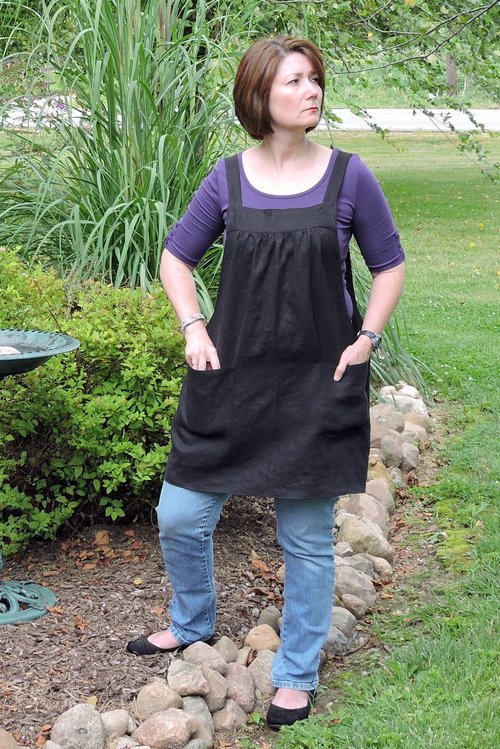 Black Linen Pinafore Apron with no ties, Washed Linen Relaxed Fit Smock with pockets, handmade after order XS to  5X Plus Size