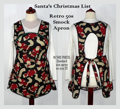 Santa's Christmas List Retro 50s Smock with no neck ties, H-back apron sits on shoulders, hostess apron fits L/XL ready to ship