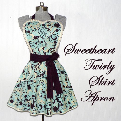 Aqua Swirl Twirly Skirt Apron with heart bib, vintage-style kitchen apron, diner style accessory, hostess apron, ready to ship