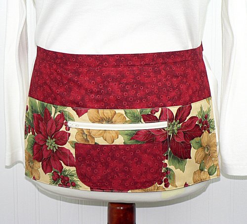 Christmas Floral Multi-Pocket Teacher Apron, Xmas Vendor Apron with money pocket, MADE to ORDER fits waists up to 40"