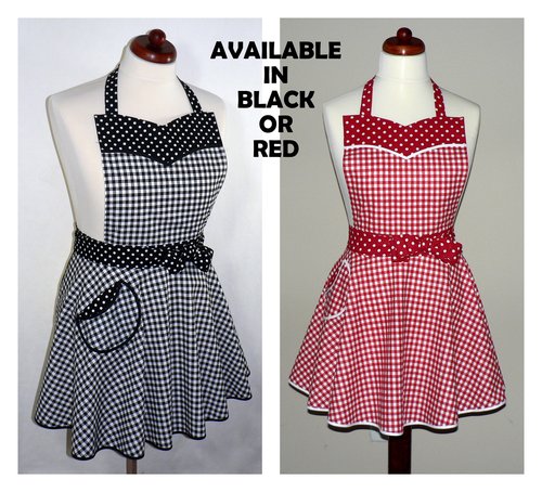 Black Gingham Twirly Skirt Apron, retro 50s circle skirt apron + sweetheart neckline, flirty kitchen apron with pocket, made to order
